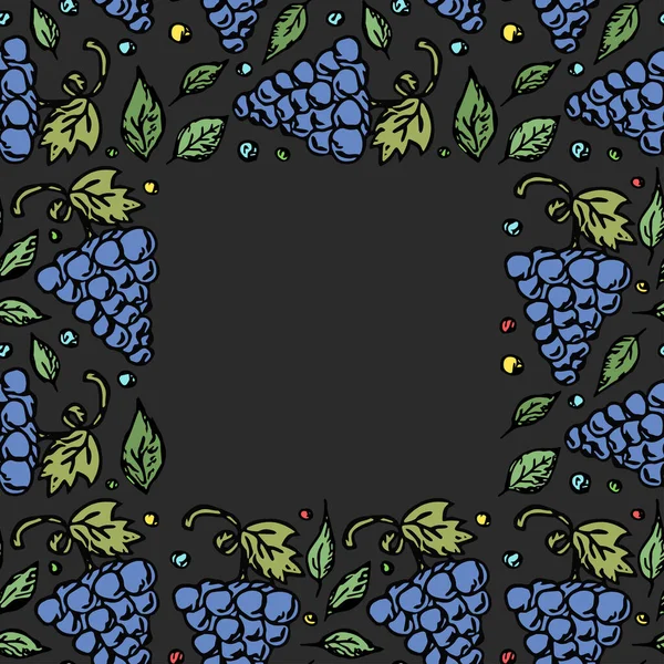 テキストのための場所とシームレスなブドウパターン ブドウのアイコンが付いている落書きベクトル ヴィンテージブドウのパターン — ストックベクタ