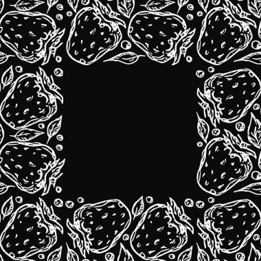 Mesaj için yeri olan kusursuz çilek deseni. Çilek ikonlu Doodle vektörü. Klasik çilek deseni