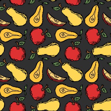 Kusursuz meyve deseni. Renkli elma ve armut arka planı. Meyveli Doodle vektör illüstrasyonu
