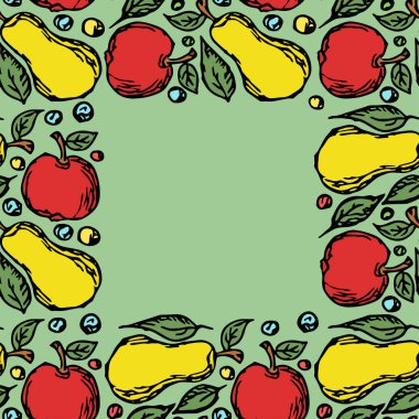 Kusursuz meyve çerçevesi. Renkli armut ve elma armudu. Mesaj için yer var. Meyveli Doodle vektör illüstrasyonu