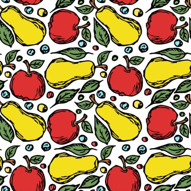 Kusursuz meyve deseni. Renkli elma ve armut arka planı. Meyveli Doodle vektör illüstrasyonu
