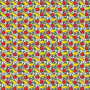 Kusursuz meyve deseni. Renkli elma ve armut arka planı. Meyveli Doodle vektör illüstrasyonu