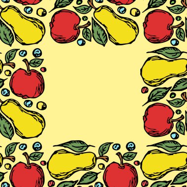 Kusursuz meyve çerçevesi. Renkli armut ve elma armudu. Mesaj için yer var. Meyveli Doodle vektör illüstrasyonu