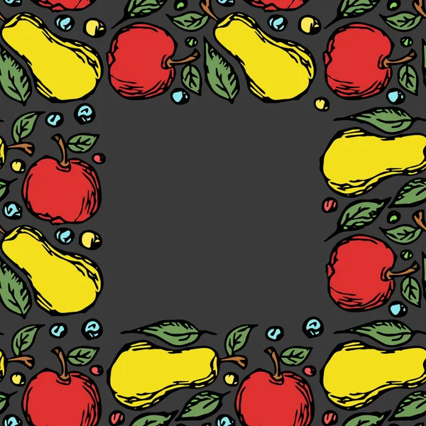 シームレスなフルーツフレーム 色のリンゴとテキストのための場所と梨の背景 果物と落書きベクトルイラスト — ストックベクタ