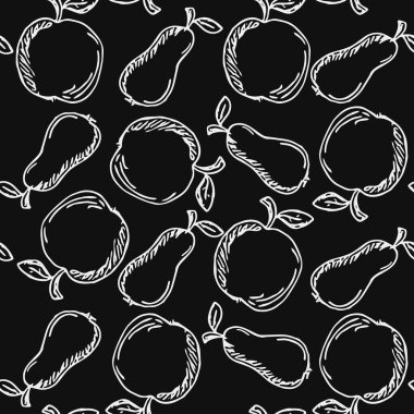 Kusursuz meyve deseni. Elma ve armut arka planı. Meyveli Doodle vektör illüstrasyonu