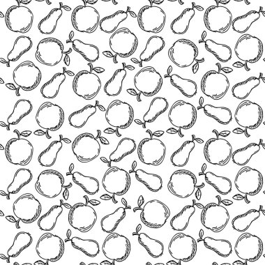 Kusursuz meyve deseni. Elma ve armut arka planı. Meyveli Doodle vektör illüstrasyonu