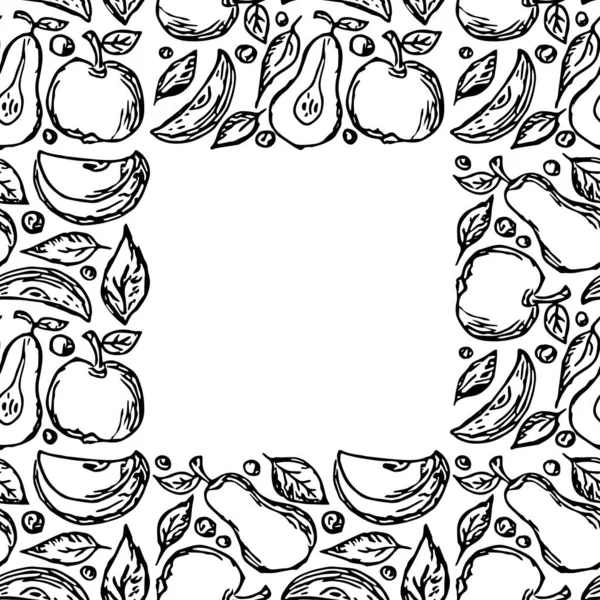 シームレスなフルーツフレーム りんごと梨の背景色 果物と落書きベクトルイラスト — ストックベクタ