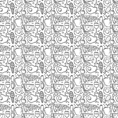 Kusursuz yemek kalıbı. Yemek arkaplanı. Gıda simgesi ile Doodle vektör illüstrasyonu