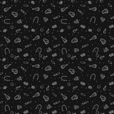 Kusursuz et deseni. Siyah beyaz et arka planı. Et ürünleri simgeleriyle karalama vektörü illüstrasyonu