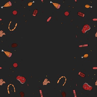 Metin için yeri olan kusursuz et deseni. Renkli et arka planı. Et ürünleri simgeleriyle karalama vektörü illüstrasyonu