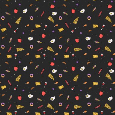 Kusursuz yemek kalıbı. Yemek arkaplanı. Gıda simgesi ile Doodle vektör illüstrasyonu