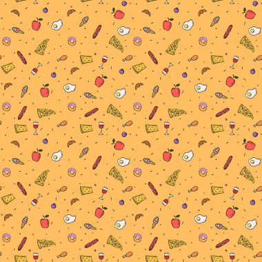 Kusursuz yemek kalıbı. Yemek arkaplanı. Gıda simgesi ile Doodle vektör illüstrasyonu