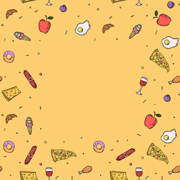 无缝食物架 食物背景与文字的位置 用食物图标显示涂鸦矢量 — 图库矢量图片
