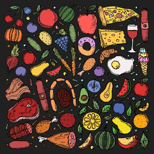 Lebensmittel Ikonen Farbige Lebensmittel Hintergrund Gekritzelte Vektorillustration Mit Lebensmittel Symbol — Stockvektor