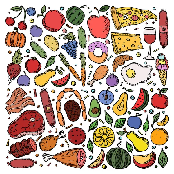 Étel Ikonok Színes Étel Háttér Doodle Vektor Illusztráció Élelmiszer Ikon — Stock Vector