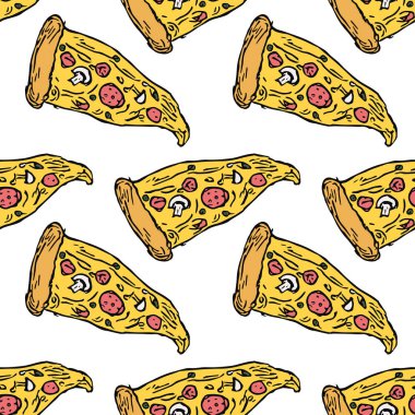 Kusursuz pizza kalıbı. Renkli pizza arka planı. Doodle vektör pizza çizimi