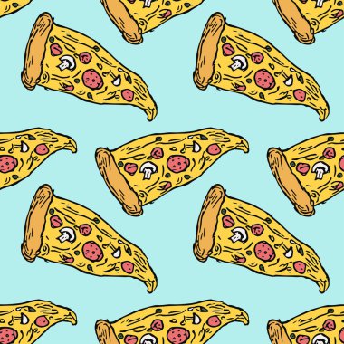 Kusursuz pizza kalıbı. Renkli pizza arka planı. Doodle vektör pizza çizimi