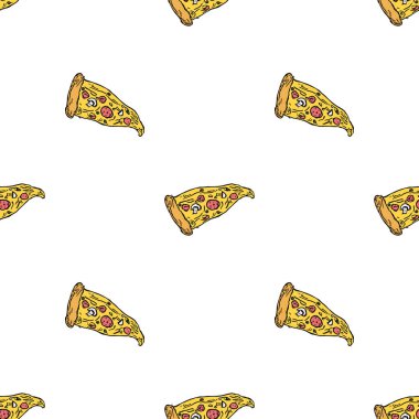 Kusursuz pizza kalıbı. Renkli pizza arka planı. Doodle vektör pizza çizimi