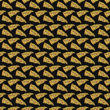 Kusursuz pizza kalıbı. Renkli pizza arka planı. Doodle vektör pizza çizimi