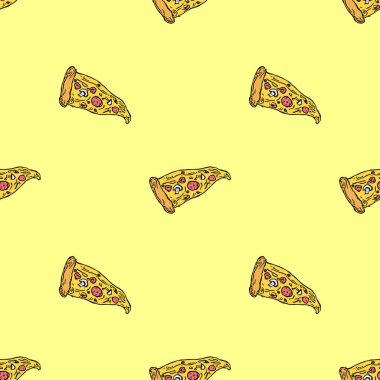 Kusursuz pizza kalıbı. Renkli pizza arka planı. Doodle vektör pizza çizimi