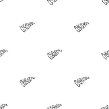 Kusursuz pizza kalıbı. Siyah beyaz pizza arka planı. Doodle vektör pizza çizimi