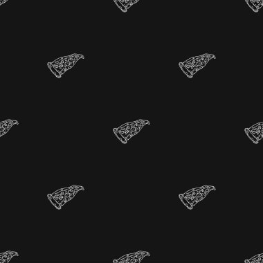Kusursuz pizza kalıbı. Siyah beyaz pizza arka planı. Doodle vektör pizza çizimi