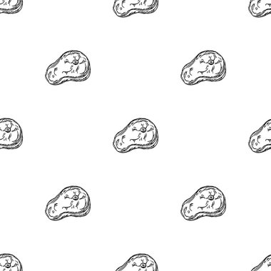 Kusursuz biftek deseni. Biftek ikonlu siyah beyaz karalama çizimi. Etli desen