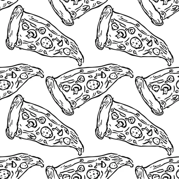 Seamless Pizza Pattern Black White Pizza Background Doodle Vector Pizza — Stock Vector