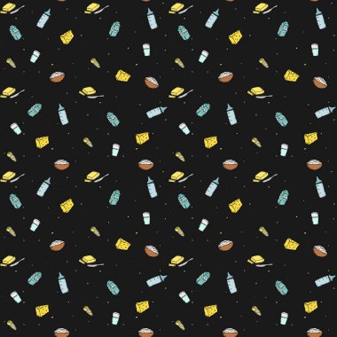 Kusursuz süt üretim kalıbı. Süt ürünleri ikonuyla vektör çizimi. Süt yiyeceği deseni