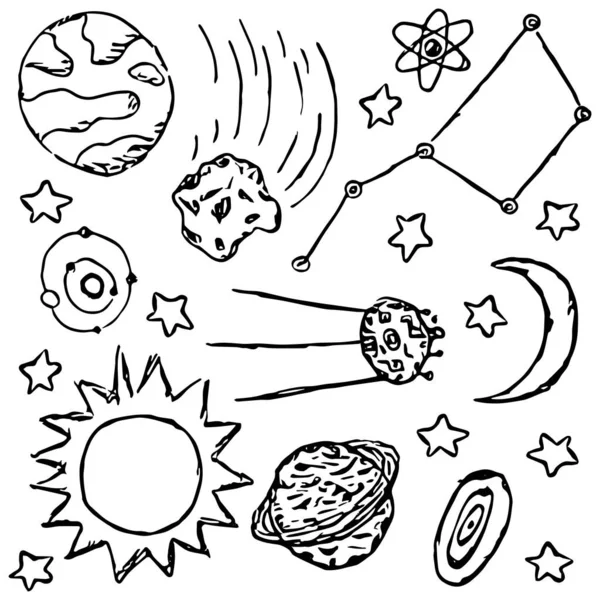 Iconos Espaciales Fondo Del Cosmos Ilustración Espacial Vectorial Doodle Con — Vector de stock