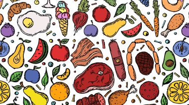 Meyve ve sebzelerle besin arka planının yatay çizimi