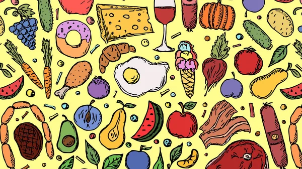 Horizontal illustration of food background with fruits and vegetables