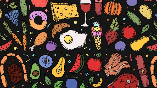 Horizontal illustration of food background with fruits and vegetables