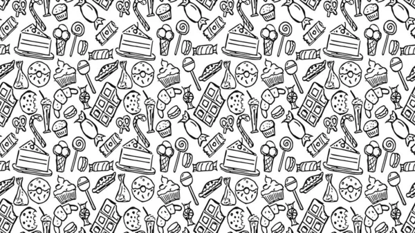 Horizontal Seamless Pattern Sweets Doodle Vector Sweets Icons White Background — Vector de stock