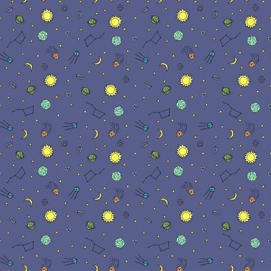 Kusursuz uzay deseni. Kozmos arka planı. Gezegenler, kuyruklu yıldızlar, yıldızlar, ay, güneş ve kara delik ile karalama vektör uzayı çizimi