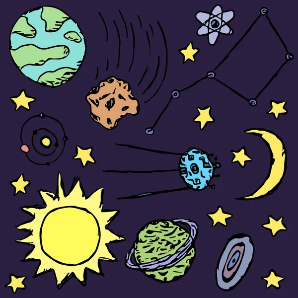 Ícones Espaciais Contexto Cosmos Ilustração Espaço Vetorial Doodle Com Planetas — Vetor de Stock