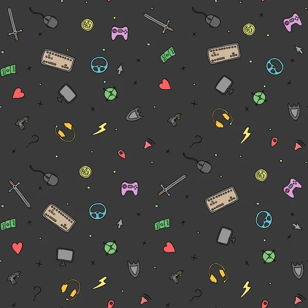 Seamless Gaming Background Seamless Pattern Doodle Gaming Icons Gaming Vector — Stock vektor