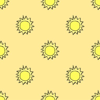 Güneşli Doodle vektör çizimi. Kusursuz uzay deseni. Kozmos arkaplanı.