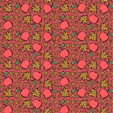 Seamless autumn pattern with apples and leaves. Red apples and maple leaves background. Apple pattern