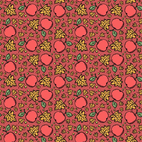 Seamless Autumn Pattern Apples Leaves Red Apples Maple Leaves Background — Vettoriale Stock