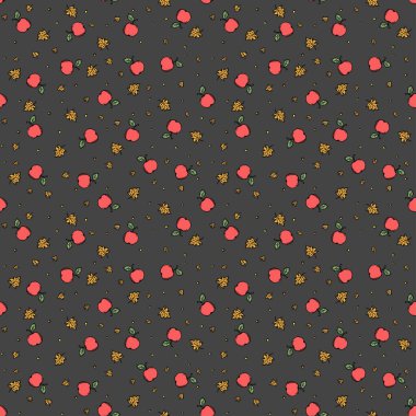 Seamless autumn pattern with apples and leaves. Red apples and maple leaves background. Apple pattern