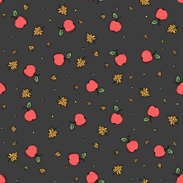 Seamless Autumn Pattern Apples Leaves Red Apples Maple Leaves Background — ストックベクタ