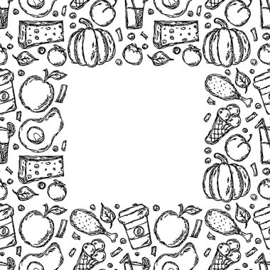 Seamless food background. Doodle vector food frame with place for text. Black and white food illustration