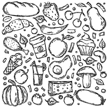 Food icons. Hand-drawn doodle vector food background. Black and white food illustration