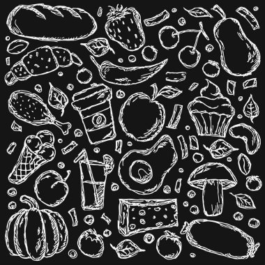 Food icons. Hand-drawn doodle vector food background. Black and white food illustration