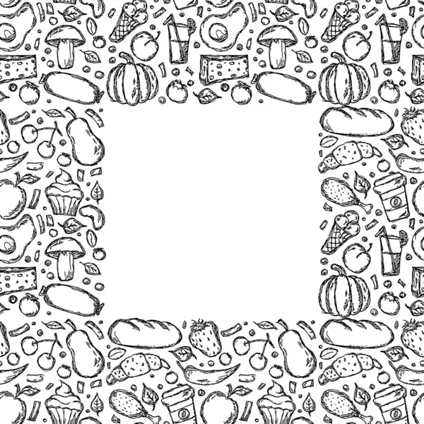 Seamless Food Background Doodle Vector Food Frame Place Text Black — Stockvector