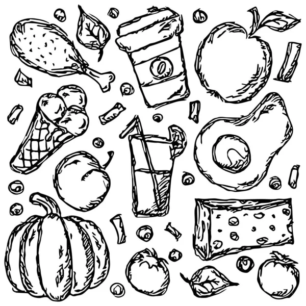 Food Icons Hand Drawn Doodle Vector Food Background Black White — стоковый вектор