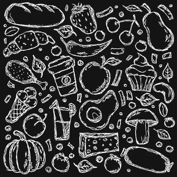 Food Icons Hand Drawn Doodle Vector Food Background Black White — Vector de stock