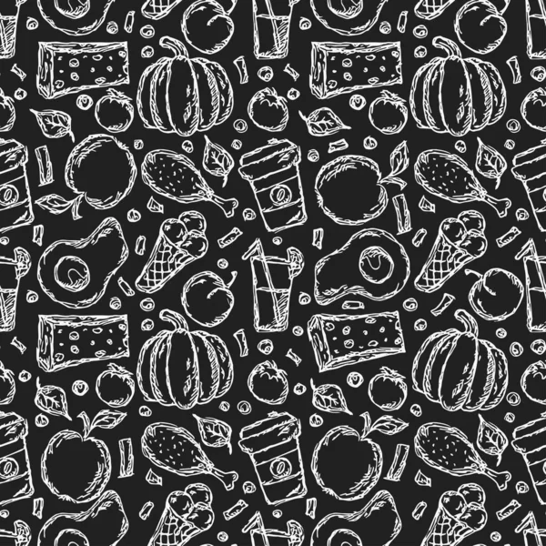 Seamless Food Pattern Doodle Vector Food Background Black White Food — Stockový vektor