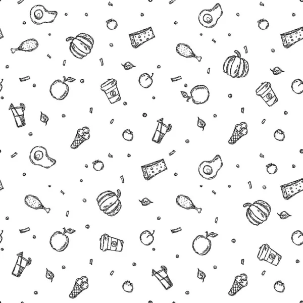 Seamless Food Pattern Doodle Vector Food Background Black White Food — Stock Vector